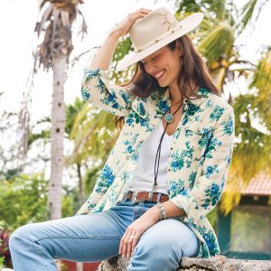 Willow Linen Floral Shirt - M, Blue Floral